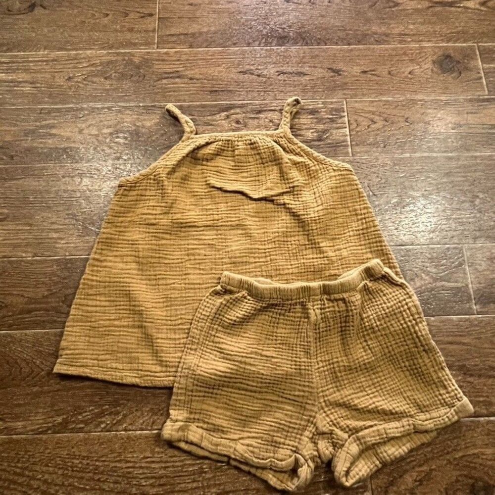 H&M Girls Muslin Tank Top Shorts Set Mustard Gauze 6-7 Youth Matching Outfit